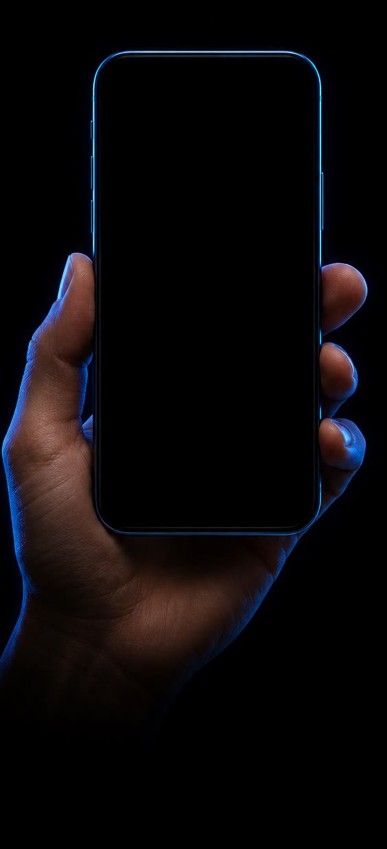 Une main tenant un téléphone dans la pénombre